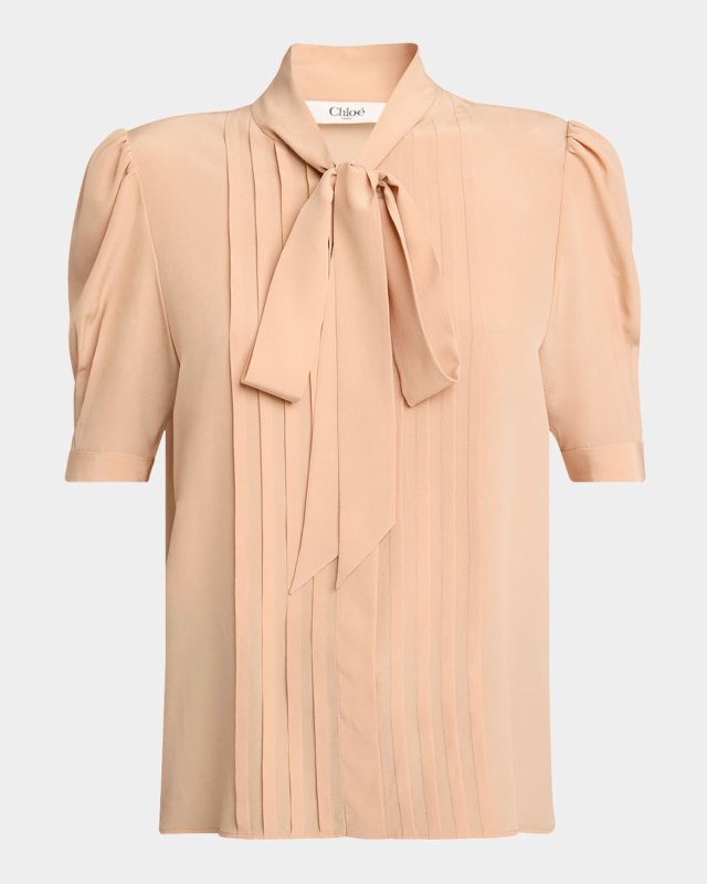 Neck-Tie Pleated Puff-Sleeve Silk Top
